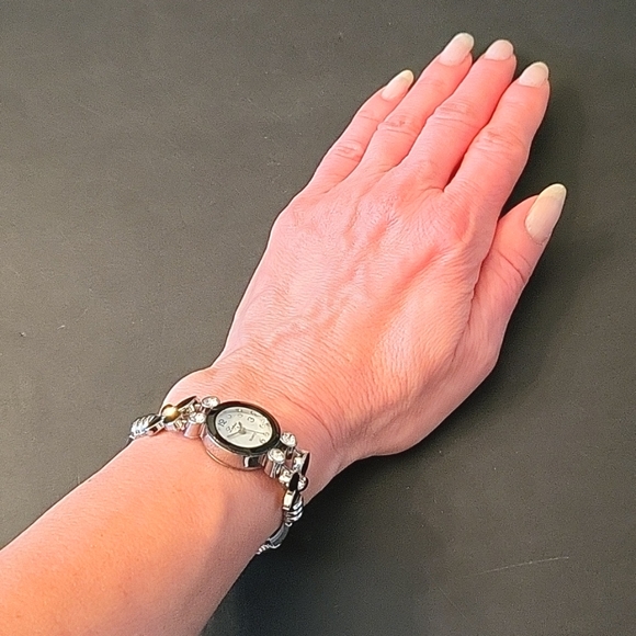 Floral Silver-tone & Black Enamel Watch with Sparkling Crystals! - Picture 13 of 14